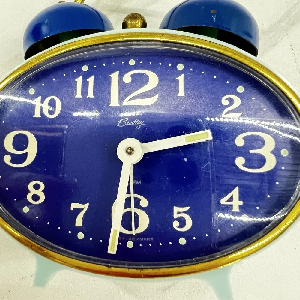 Vtg Bradley West Germany Twin Bell Alarm Clock Blue Brass Wind Up Retro MCM 9.5